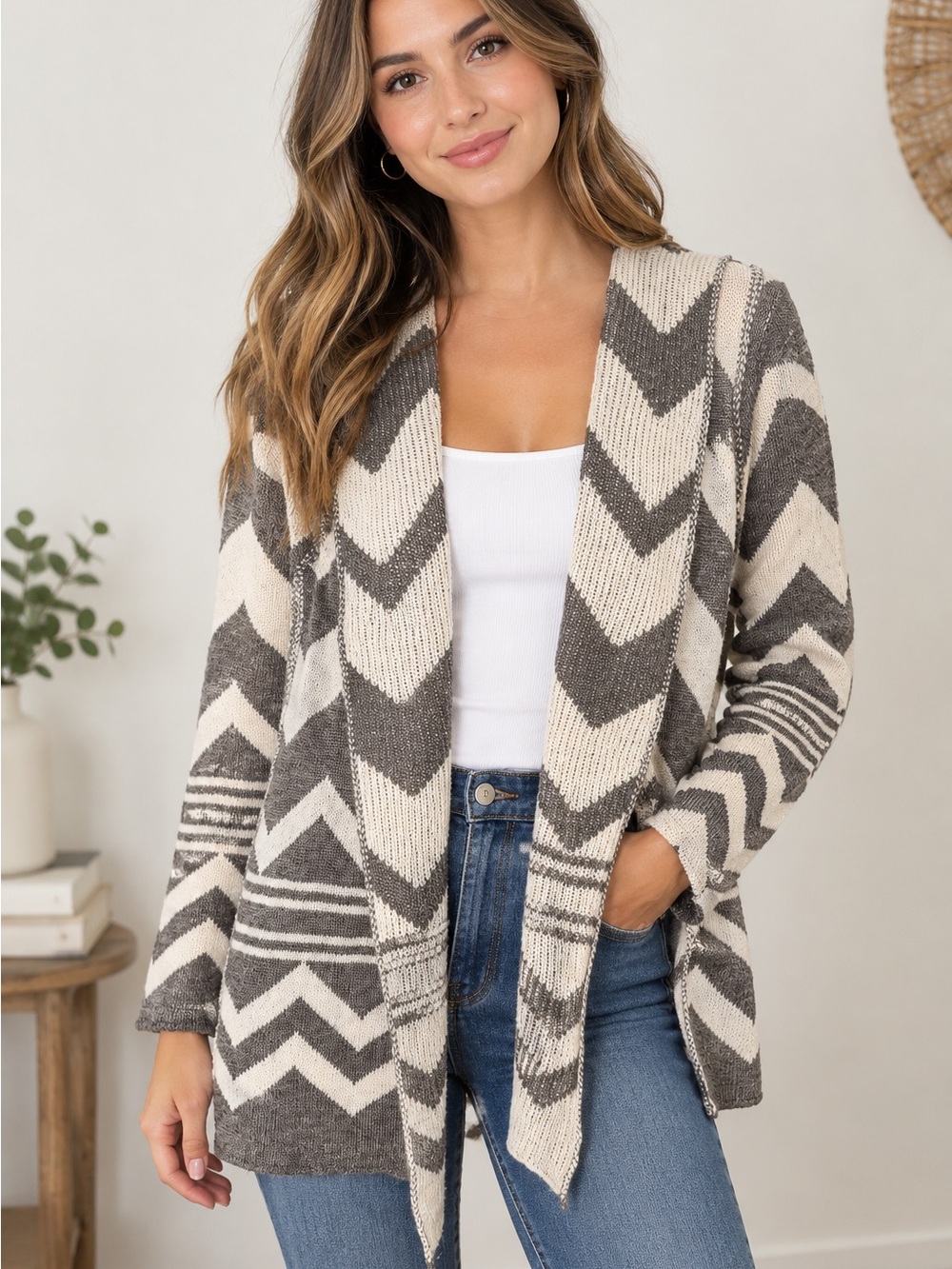 Elan Chevron Hooded Cardigan Sweater Boho Chic Wool Blend Size XL